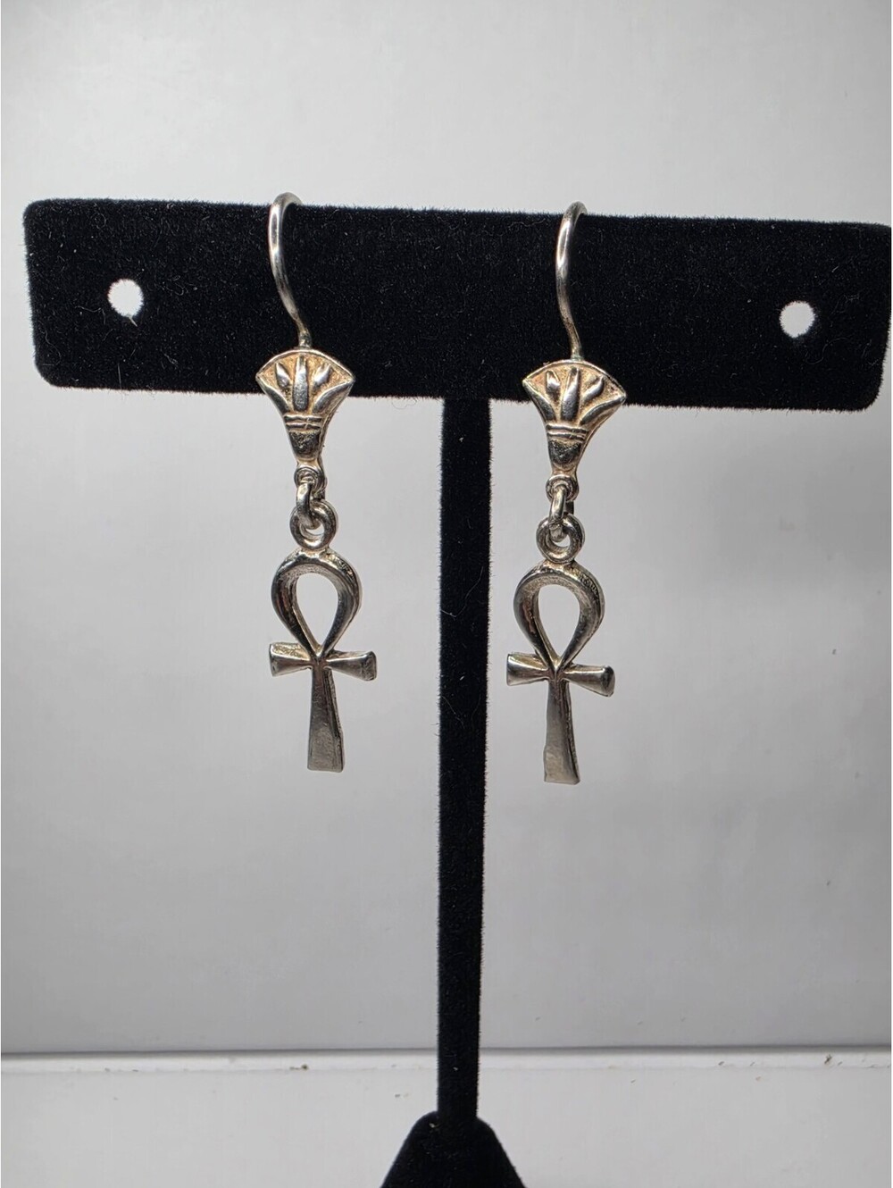 Vintage Egyptian Revival Lotus Ankh Dangle Earrings